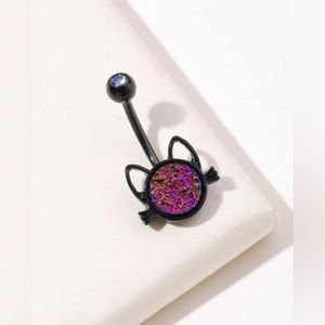 Black Cat Head with Purple Stone Belly Ring Surgical Stainless Steel 14g NWT